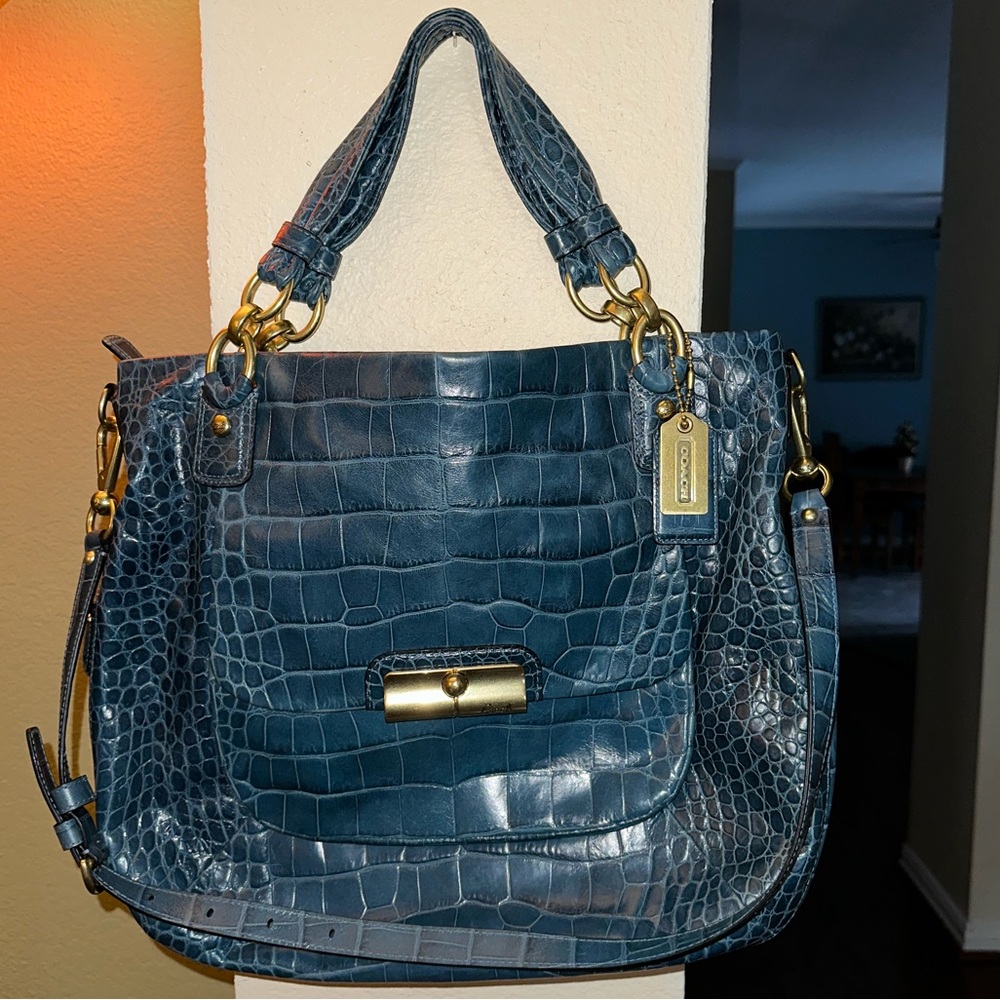 Coach Kristin Large Embossed Expandable Croc Crossbody Tote Denim Blue 16795